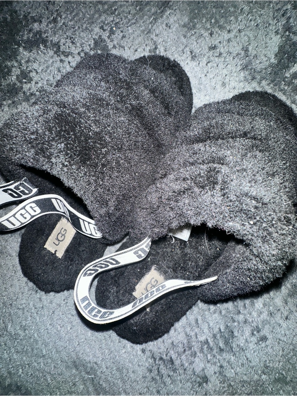 UGG Black Fuzzy Slide Slippers with Branded Strap